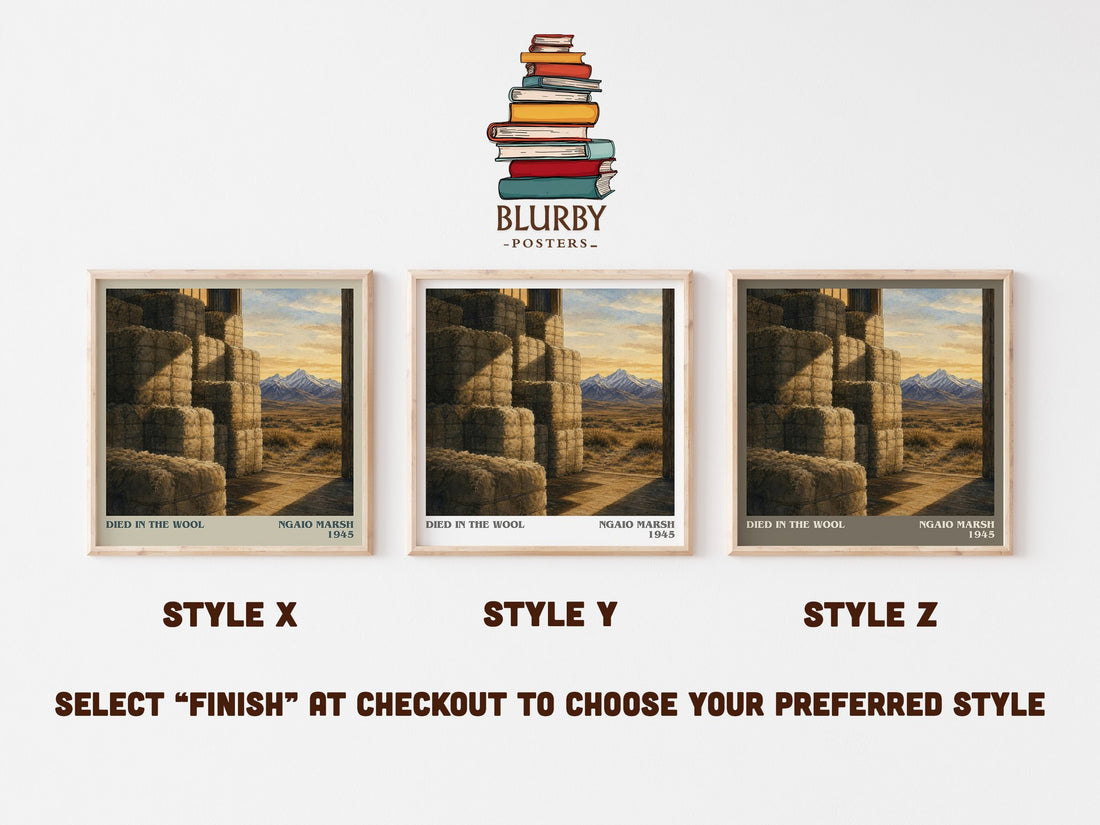 Died in the Wool literary print in frame leaning in hallway – mystery wall art (mockup)