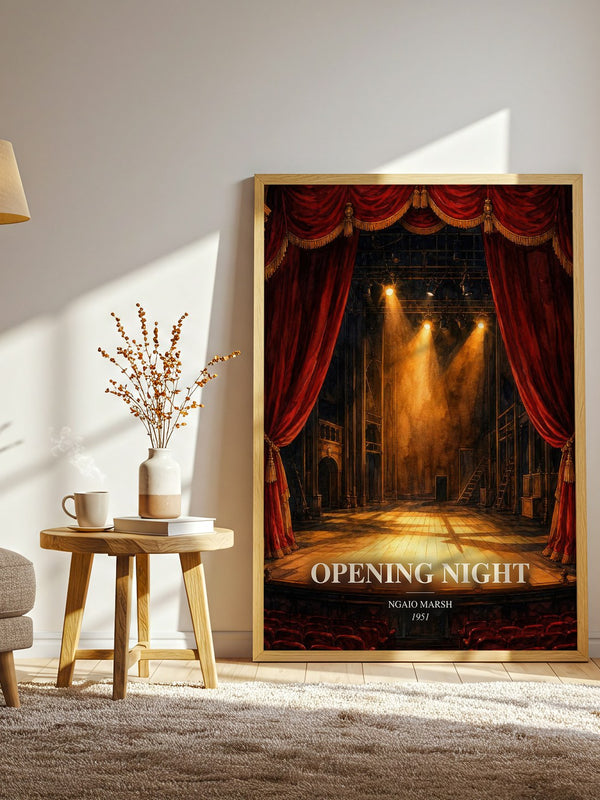 Opening Night watercolour print in frame leaning in hallway – mystery wall art