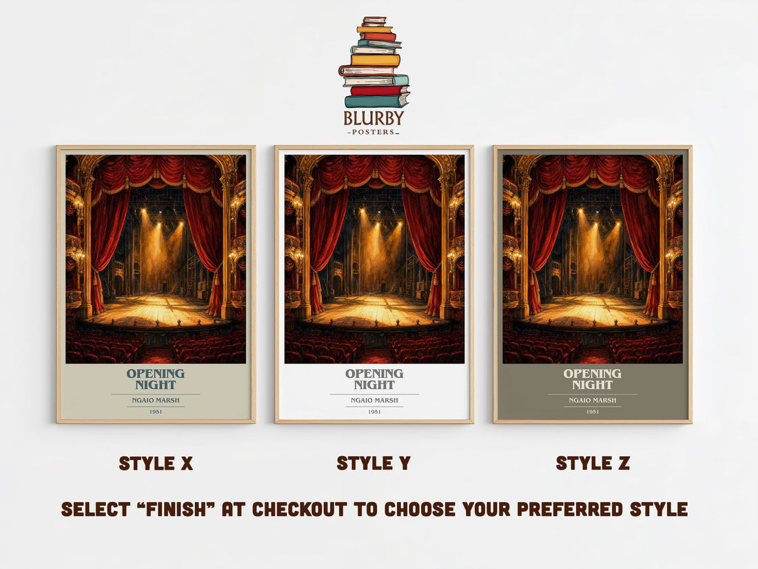 Opening Night book cover print in frame leaning in hallway – mystery wall art (mockup)