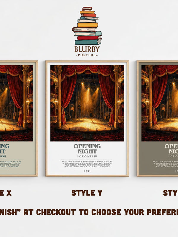 Opening Night bookish print in frame leaning in hallway – mystery wall art