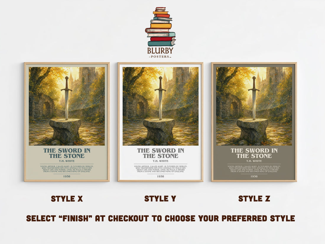 The Sword in the Stone bookish print in frame leaning in hallway – fantasy wall art (mockup)