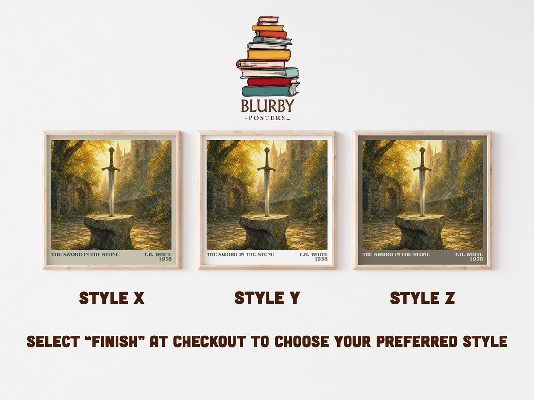 The Sword in the Stone literary print in frame leaning in hallway – fantasy wall art (mockup)