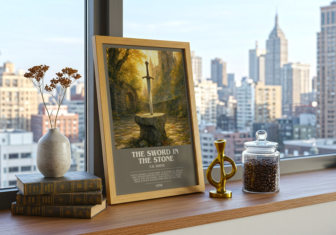The Sword in the Stone bookish print framed by window – literary home decor