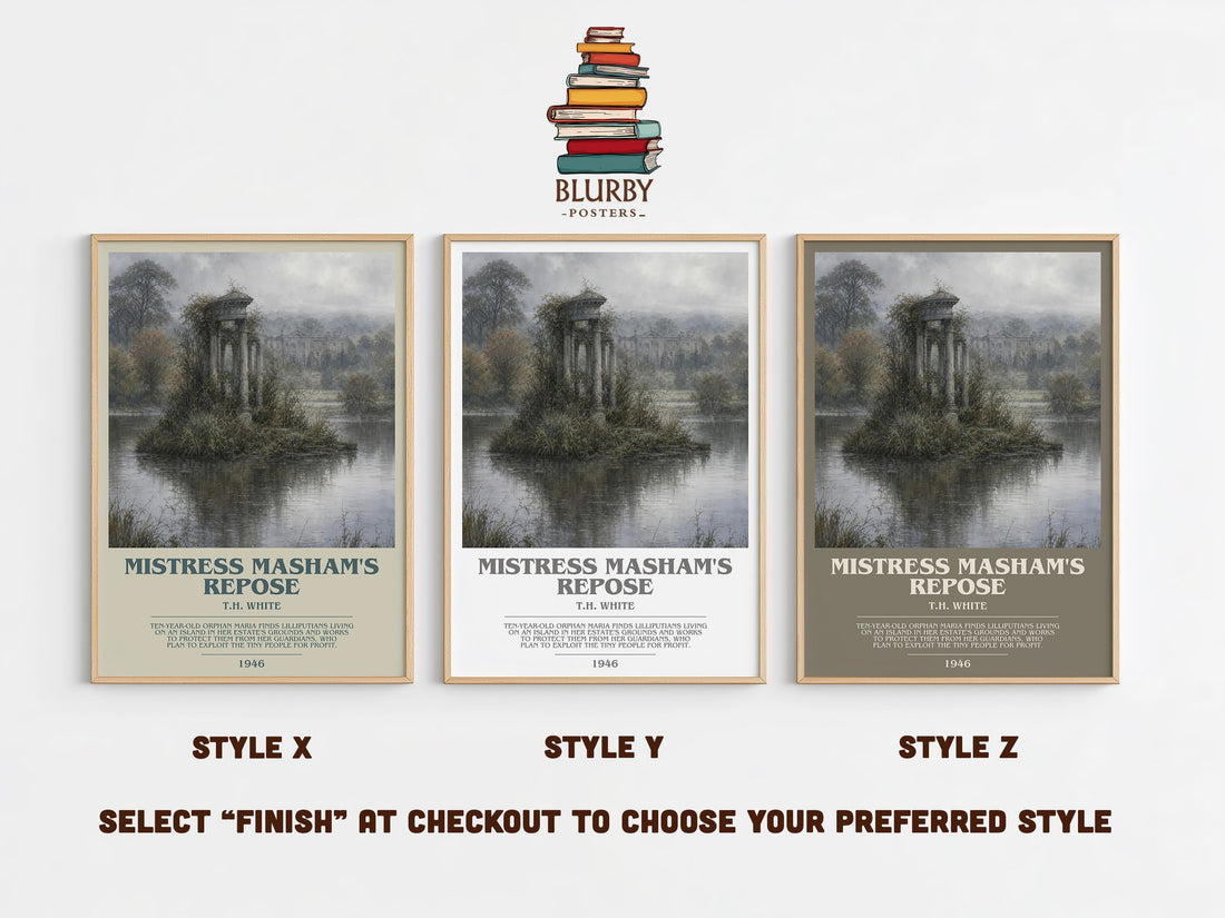 Mistress Masham's Repose bookish print in frame leaning in hallway – childrens wall art (mockup)