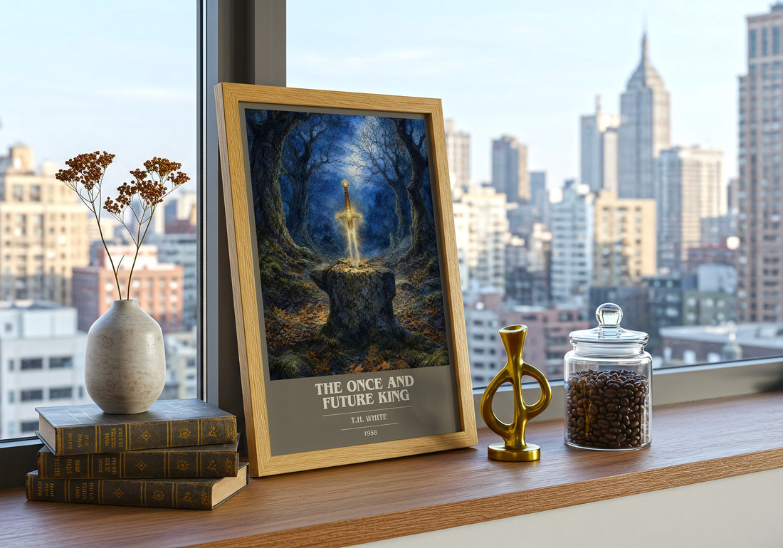 The Once and Future King book cover print framed by window – literary home decor
