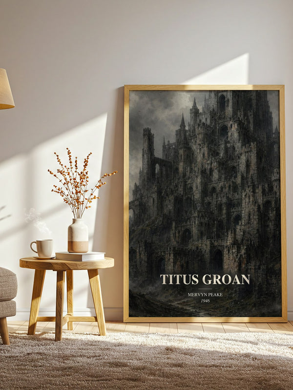 Titus Groan watercolour print in frame leaning in hallway – gothic wall art