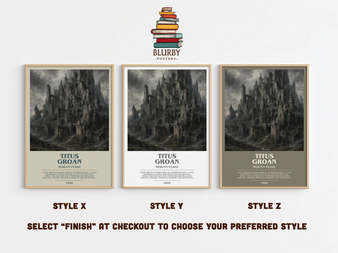 Titus Groan bookish print in frame leaning in hallway – gothic wall art (mockup)