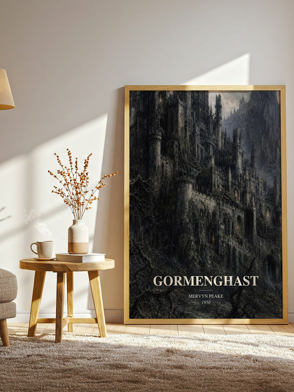 Gormenghast watercolour print in frame leaning in hallway – gothic wall art