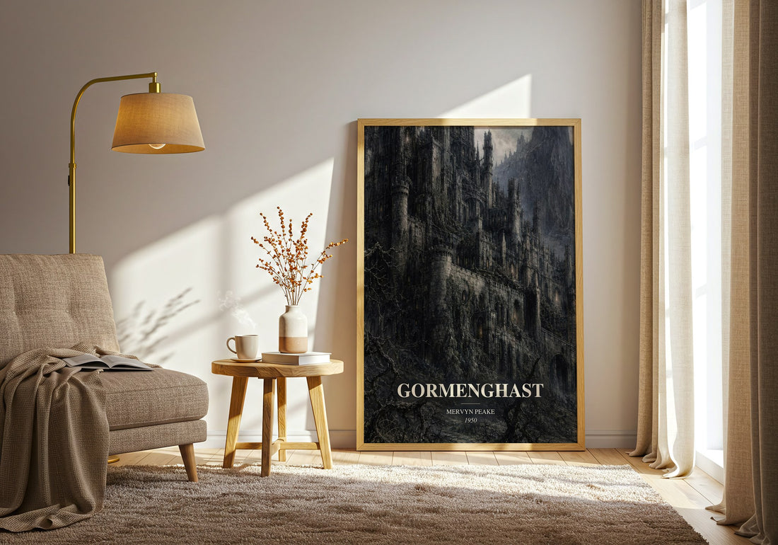 Gormenghast watercolour print in frame leaning in hallway – gothic wall art (mockup)