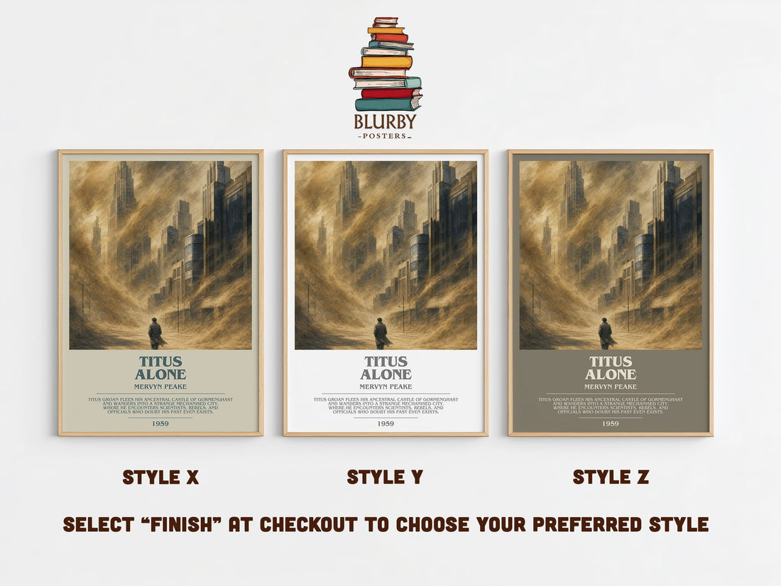 Titus Alone bookish print in frame leaning in hallway – fantasy wall art (mockup)