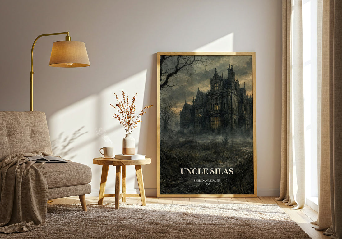 Uncle Silas watercolour print in frame leaning in hallway – gothic wall art (mockup)