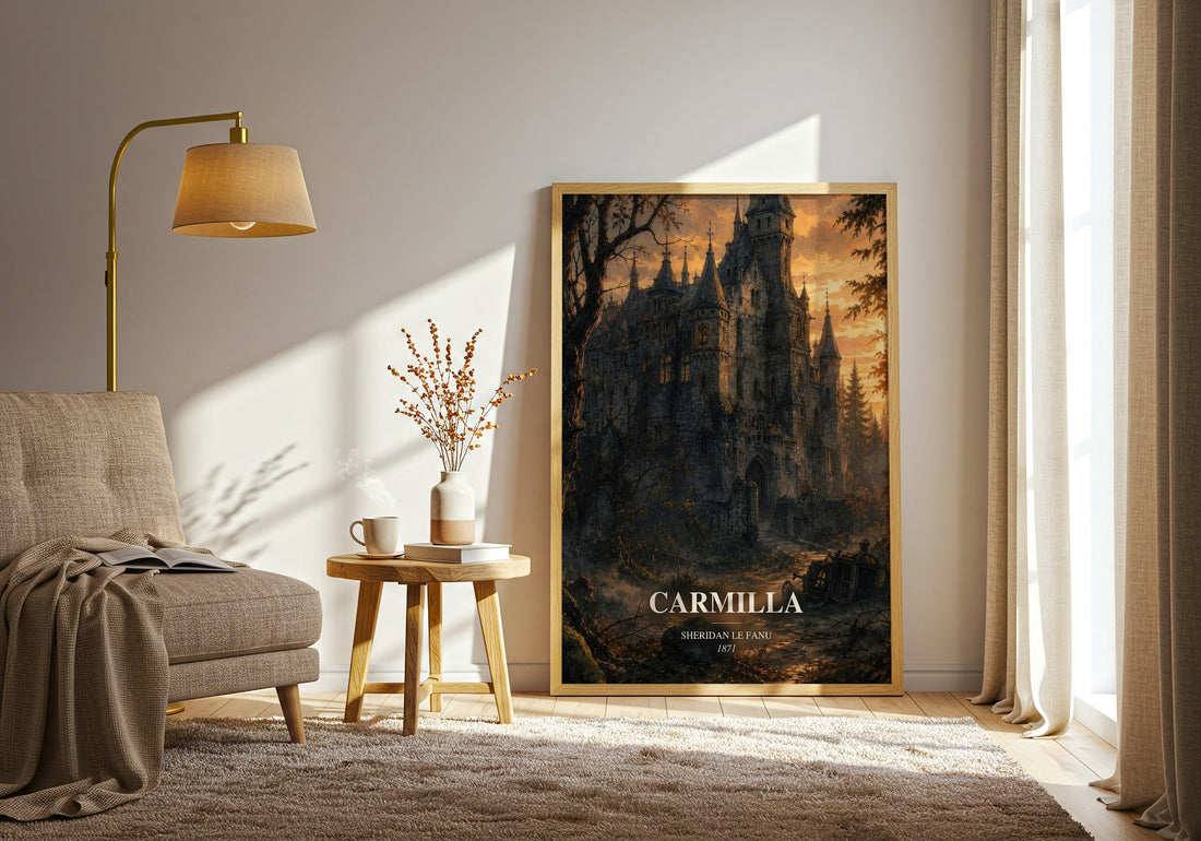 Carmilla watercolour print in frame leaning in hallway – gothic wall art (mockup)
