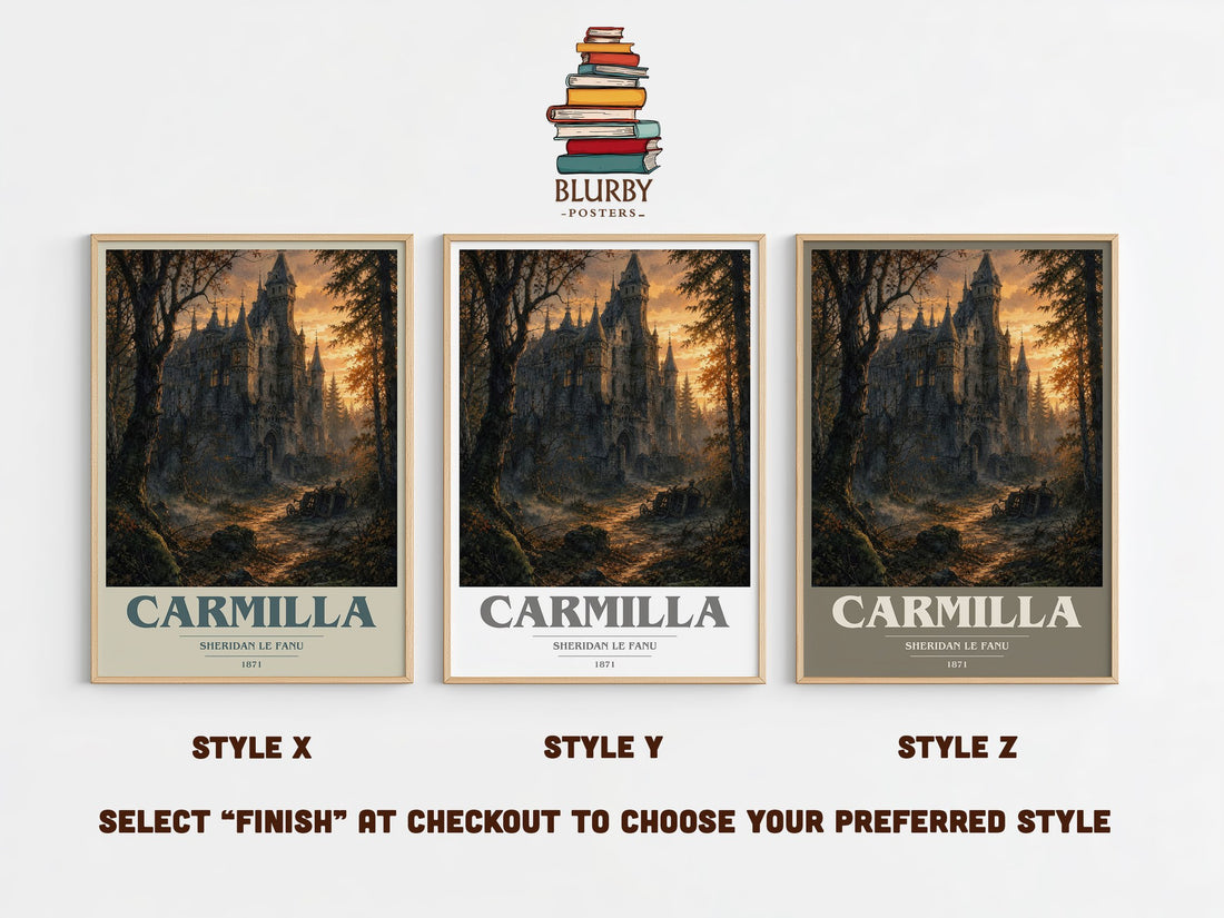 Carmilla book cover print in frame leaning in hallway – gothic wall art (mockup)