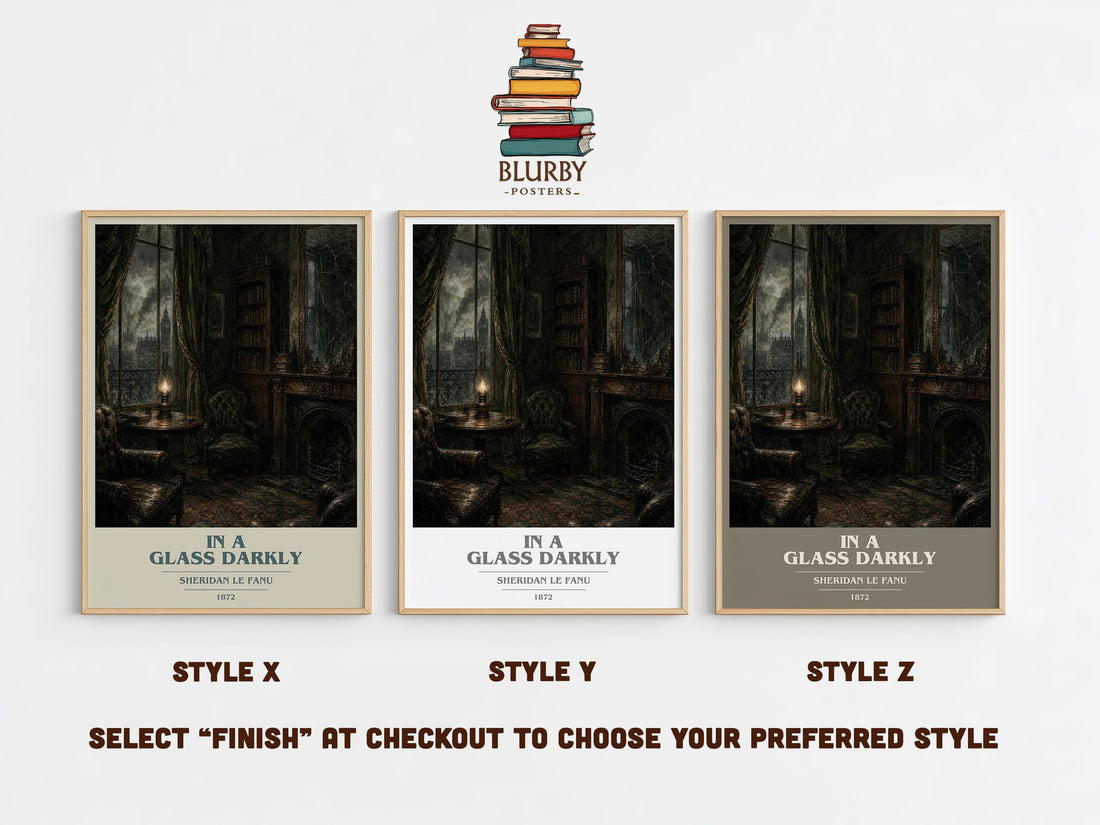 In a Glass Darkly book cover print in frame leaning in hallway – gothic wall art (mockup)
