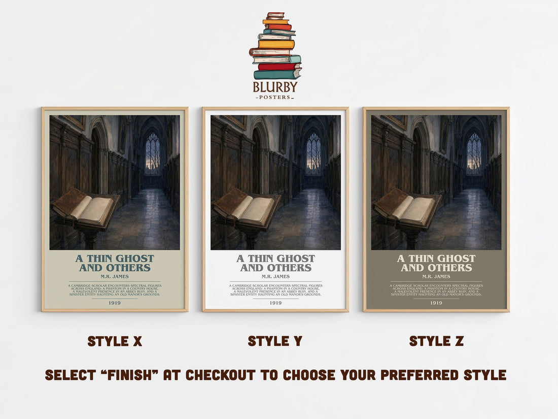 A Thin Ghost and Others bookish print in frame leaning in hallway – horror wall art (mockup)