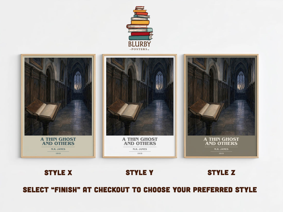 A Thin Ghost and Others book cover print in frame leaning in hallway – horror wall art (mockup)