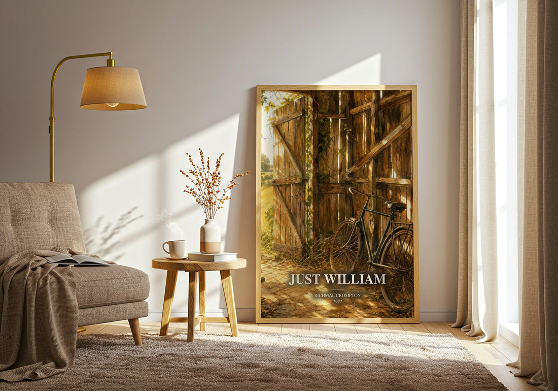 Just William watercolour print in frame leaning in hallway – childrens wall art (mockup)