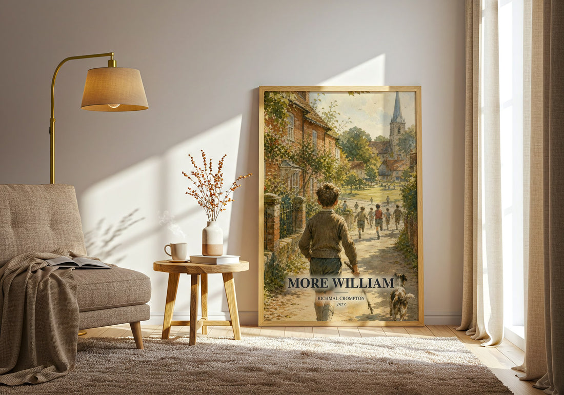 More William watercolour print in frame leaning in hallway – childrens wall art (mockup)