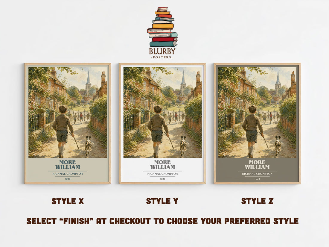 More William book cover print in frame leaning in hallway – childrens wall art (mockup)
