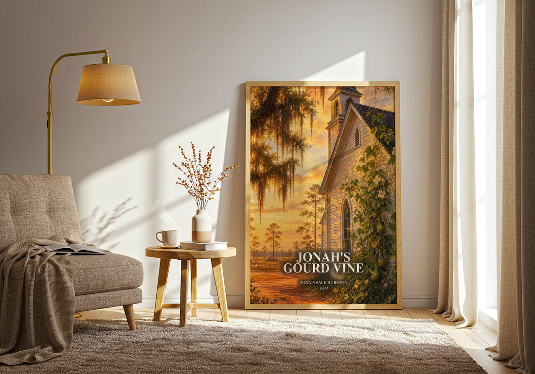 Jonah's Gourd Vine watercolour print in frame leaning in hallway – literary fiction wall art (mockup)
