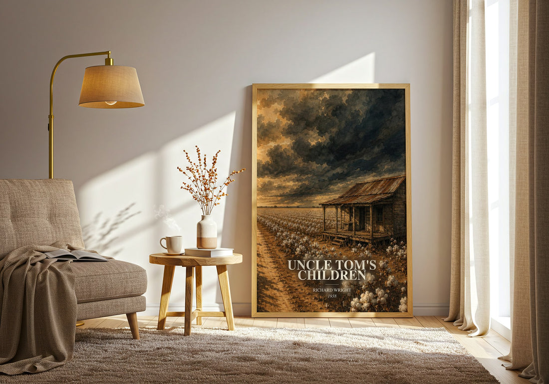 Uncle Tom's Children watercolour print in frame leaning in hallway – literary fiction wall art (mockup)
