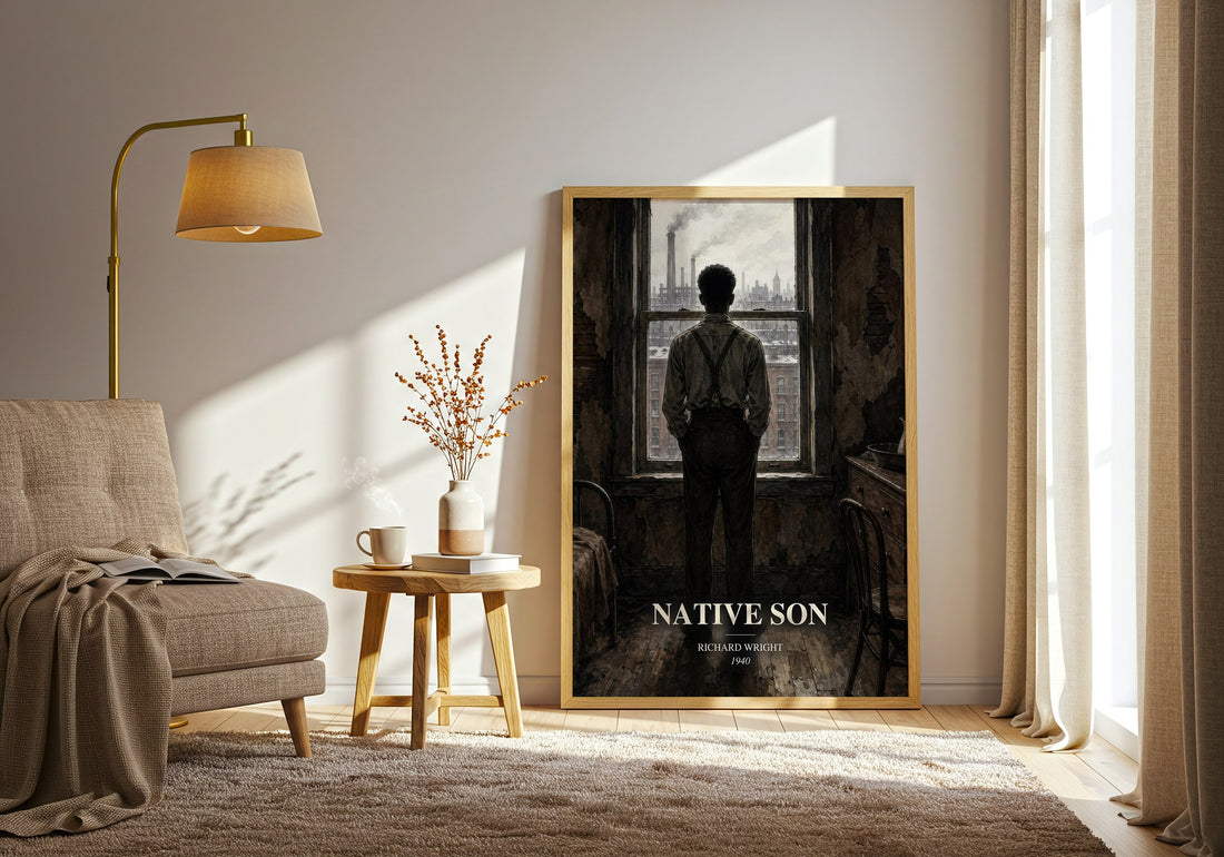 Native Son watercolour print in frame leaning in hallway – literary fiction wall art (mockup)