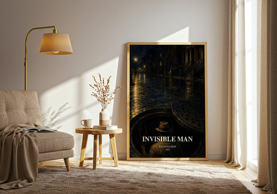Invisible Man watercolour print in frame leaning in hallway – literary fiction wall art (mockup)
