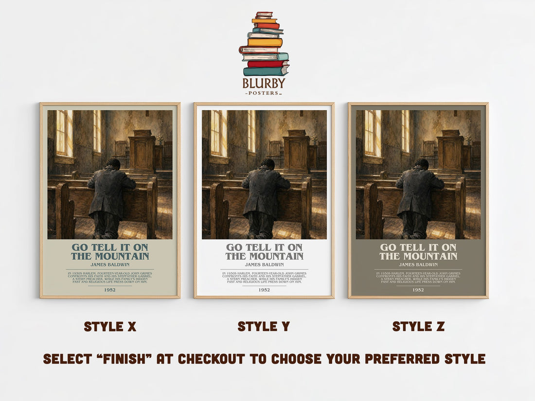 Go Tell It on the Mountain bookish print in frame leaning in hallway – literary fiction wall art (mockup)