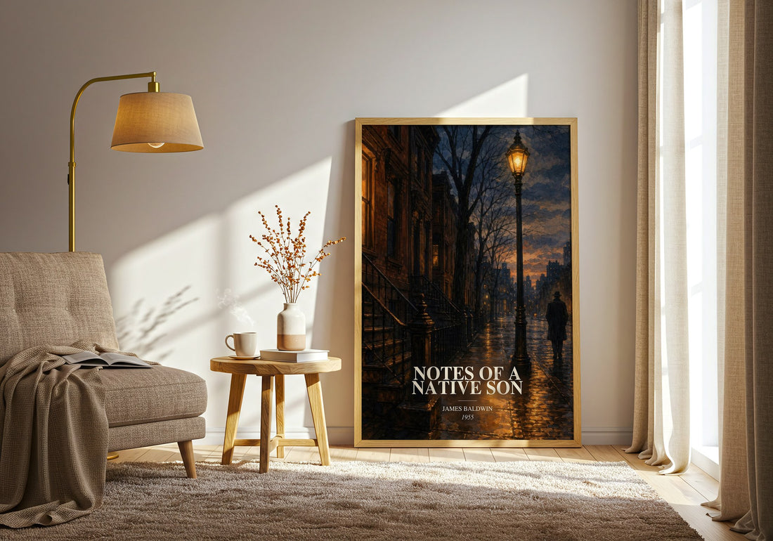 Notes of a Native Son watercolour print in frame leaning in hallway – non fiction wall art (mockup)
