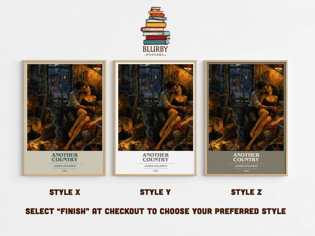 Another Country book cover print in frame leaning in hallway – literary fiction wall art (mockup)