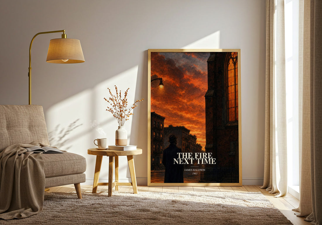 The Fire Next Time watercolour print in frame leaning in hallway – non fiction wall art (mockup)