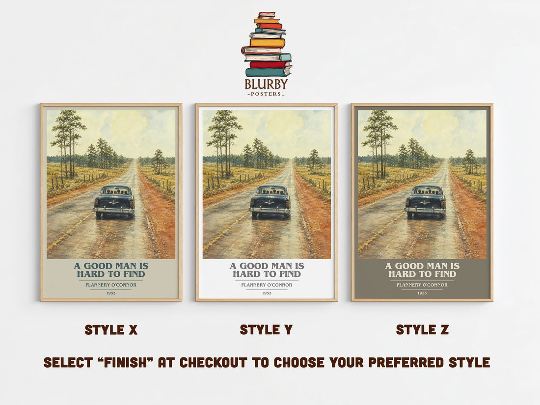 A Good Man Is Hard to Find book cover print in frame leaning in hallway – literary fiction wall art (mockup)