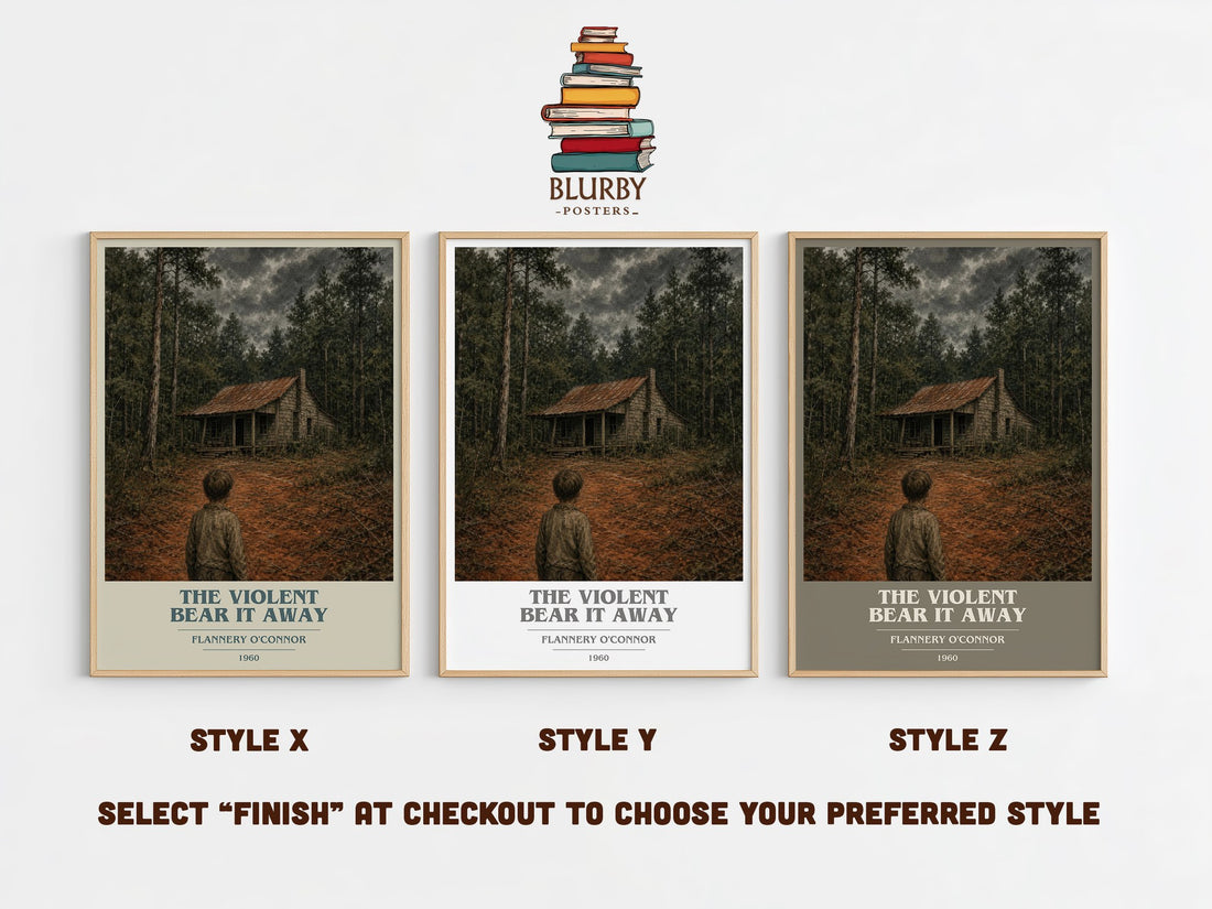 The Violent Bear It Away book cover print in frame leaning in hallway – gothic wall art (mockup)