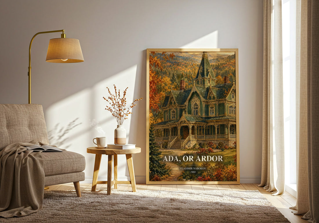 Ada, or Ardor watercolour print in frame leaning in hallway – literary fiction wall art (mockup)