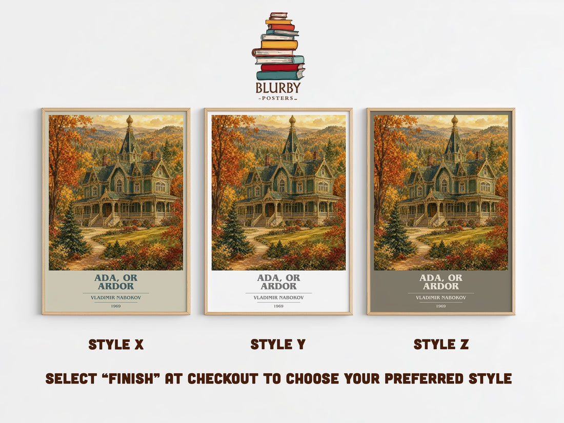 Ada, or Ardor book cover print in frame leaning in hallway – literary fiction wall art (mockup)