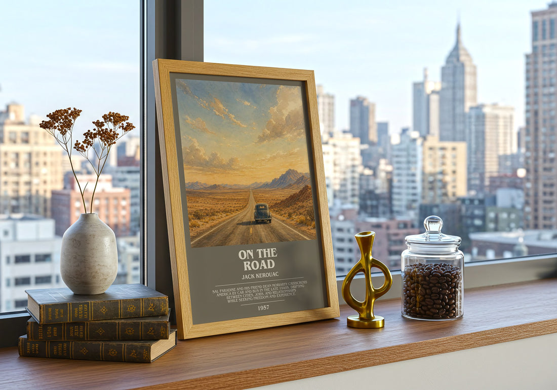 On the Road bookish print framed by window – literary home decor