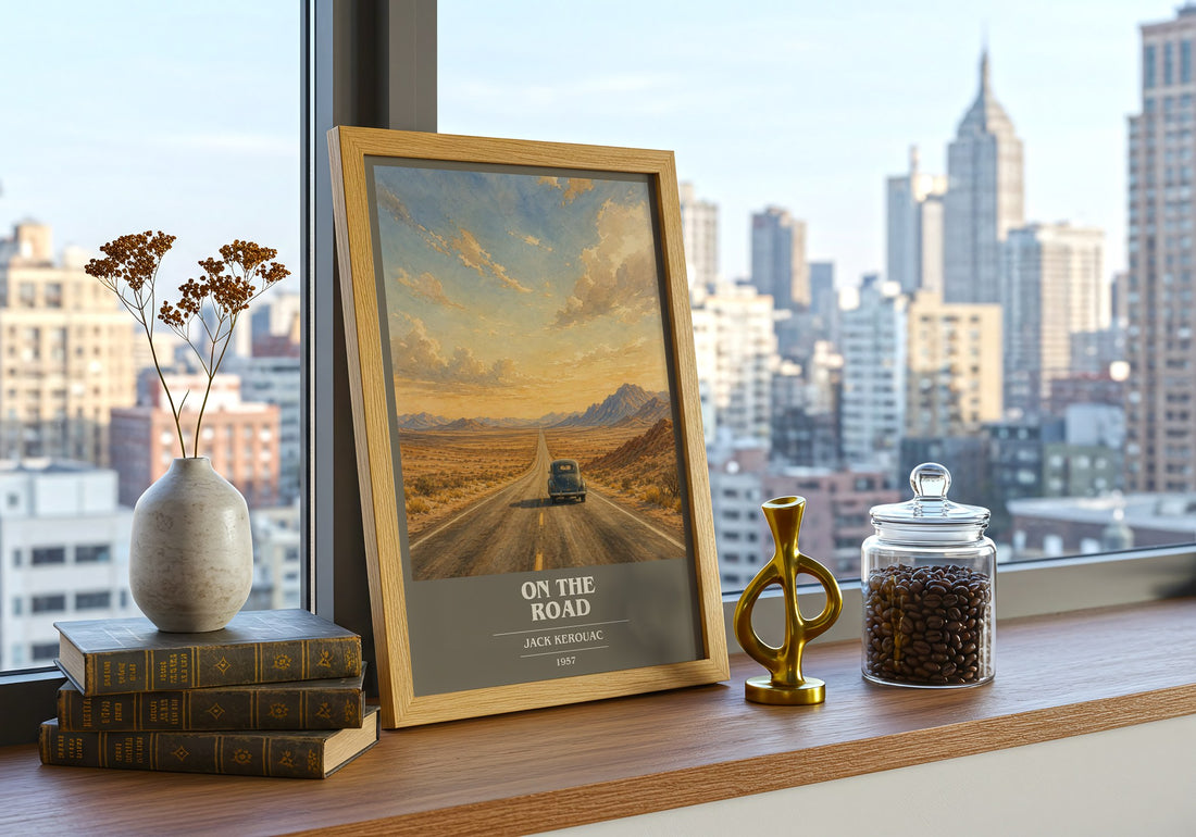 On the Road book cover print framed by window – literary home decor