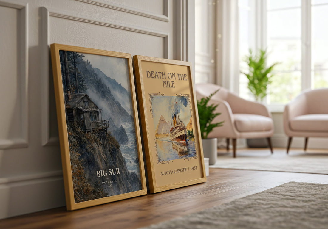 Big Sur watercolour print framed by window – literary home decor
