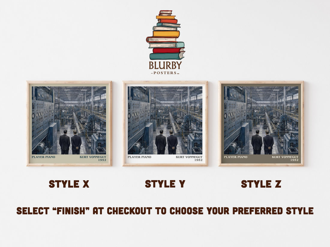 Player Piano literary print in frame leaning in hallway – dystopian wall art (mockup)