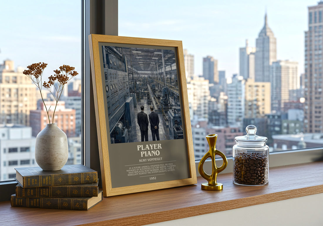 Player Piano bookish print framed by window – literary home decor