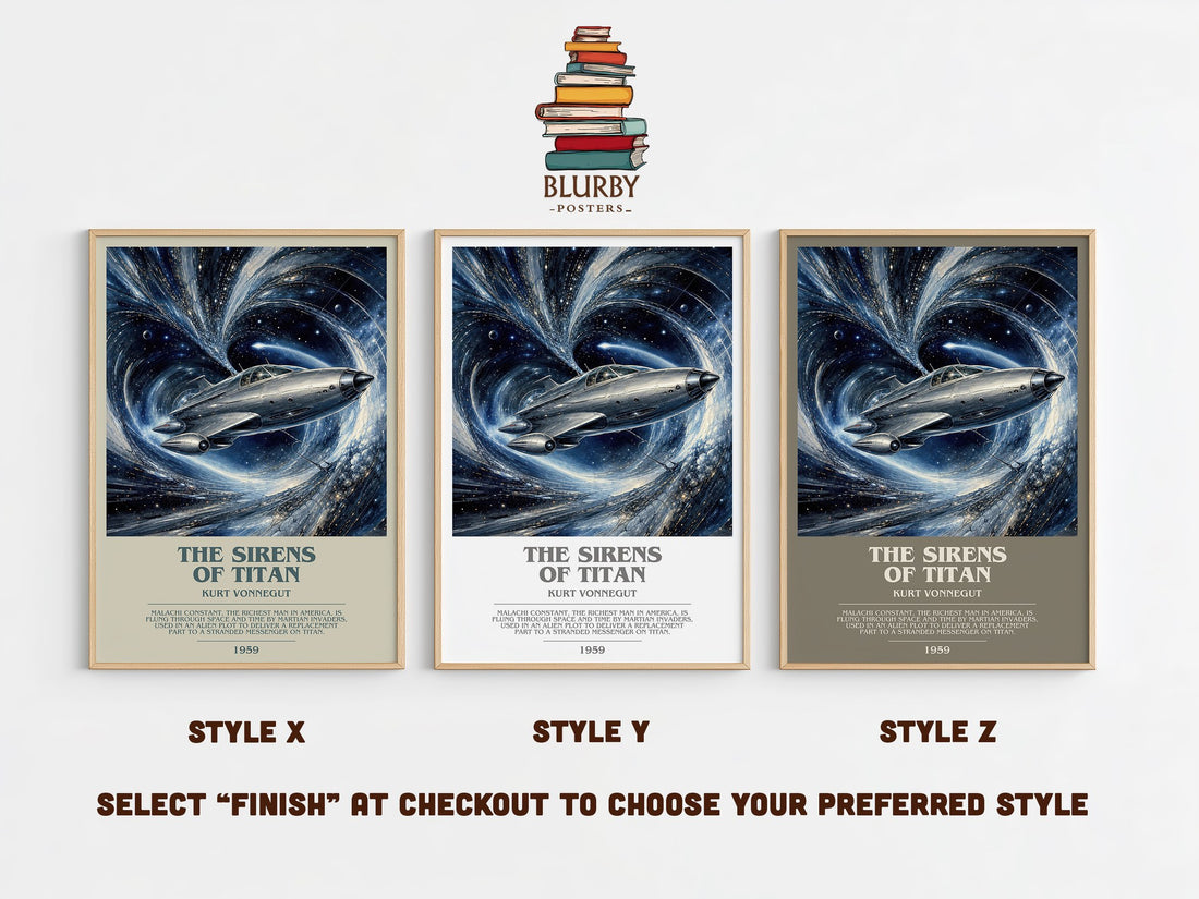 The Sirens of Titan bookish print in frame leaning in hallway – sci fi wall art (mockup)