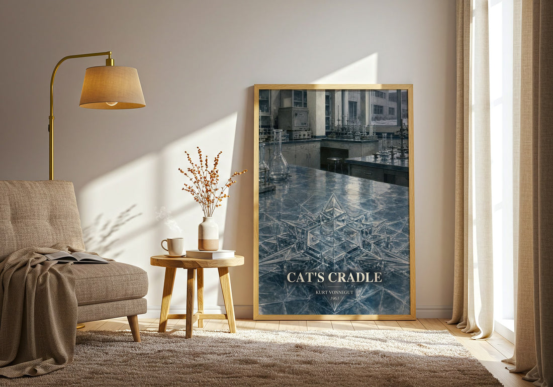 Cat's Cradle watercolour print in frame leaning in hallway – satire wall art (mockup)