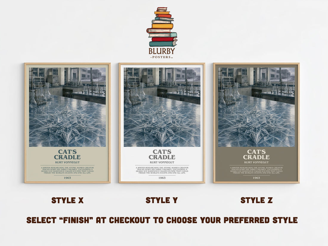 Cat's Cradle bookish print in frame leaning in hallway – satire wall art (mockup)