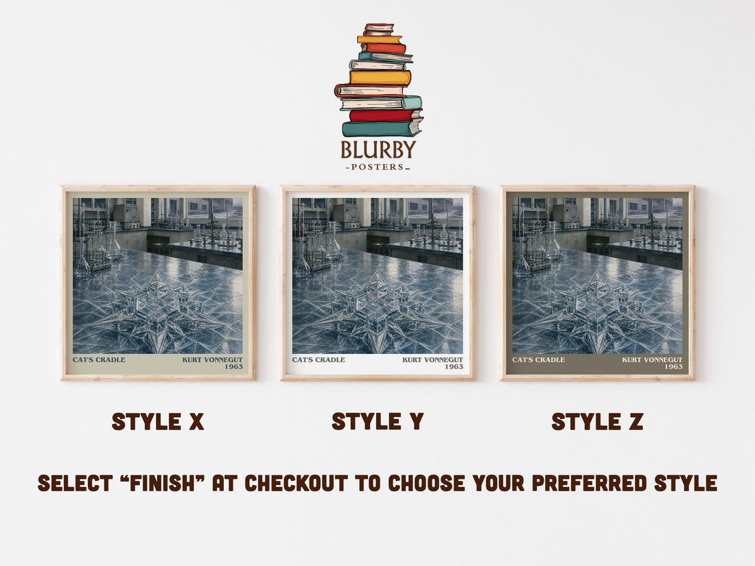 Cat's Cradle literary print in frame leaning in hallway – satire wall art (mockup)