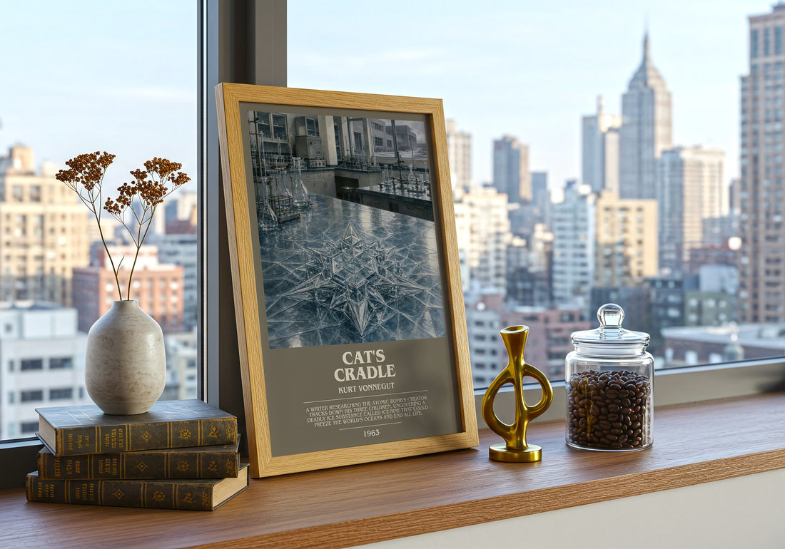 Cat's Cradle bookish print framed by window – literary home decor