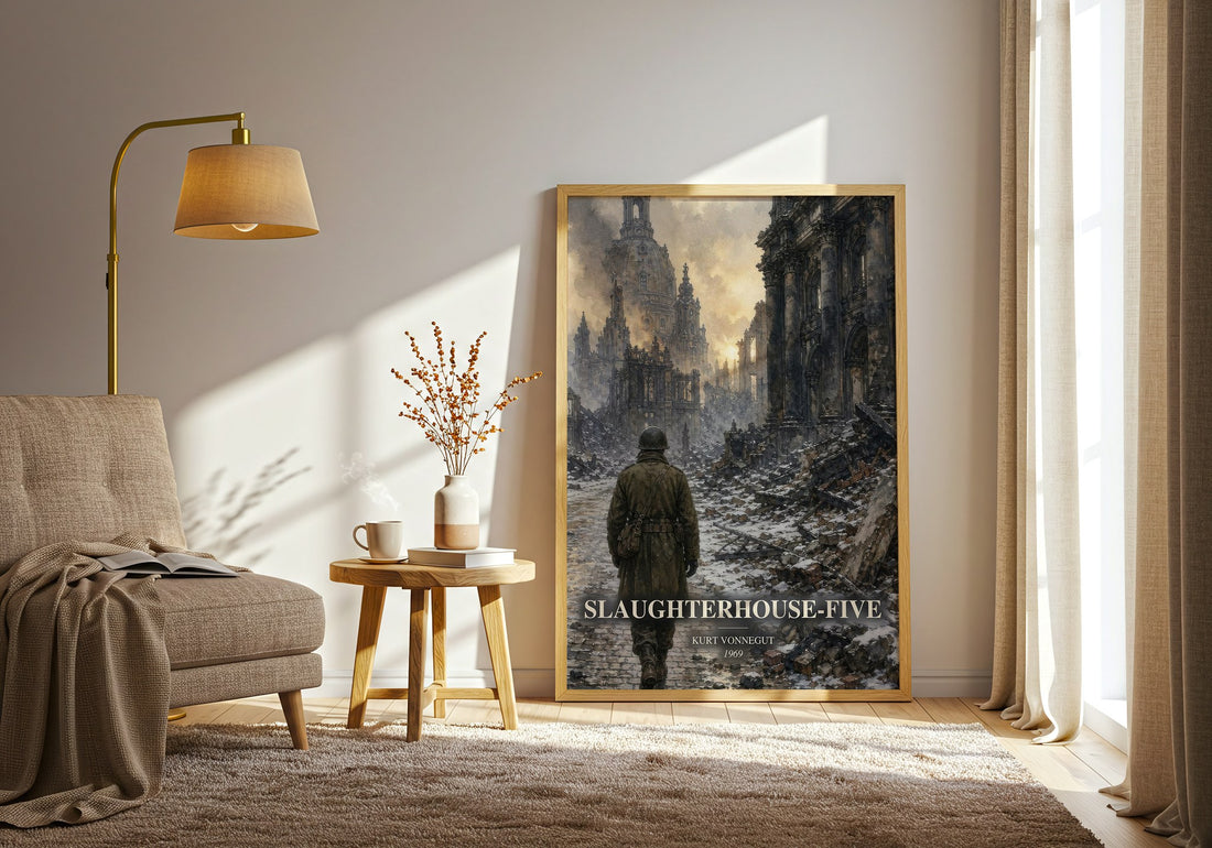 Slaughterhouse-Five watercolour print in frame leaning in hallway – literary fiction wall art (mockup)