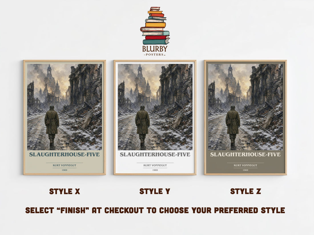 Slaughterhouse-Five book cover print in frame leaning in hallway – literary fiction wall art (mockup)