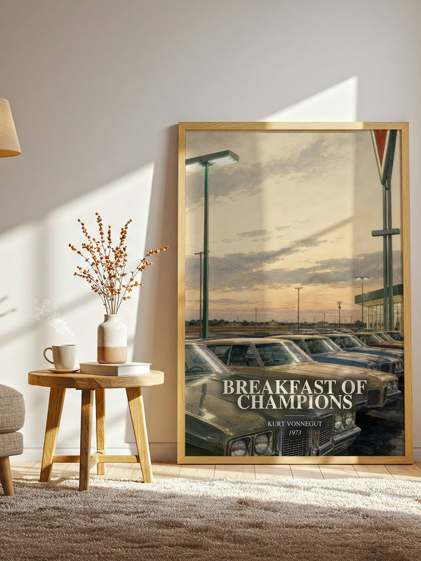 Breakfast of Champions watercolour print in frame leaning in hallway – satire wall art