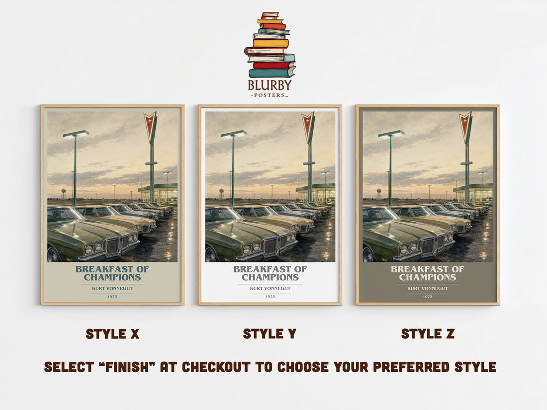 Breakfast of Champions book cover print in frame leaning in hallway – satire wall art (mockup)