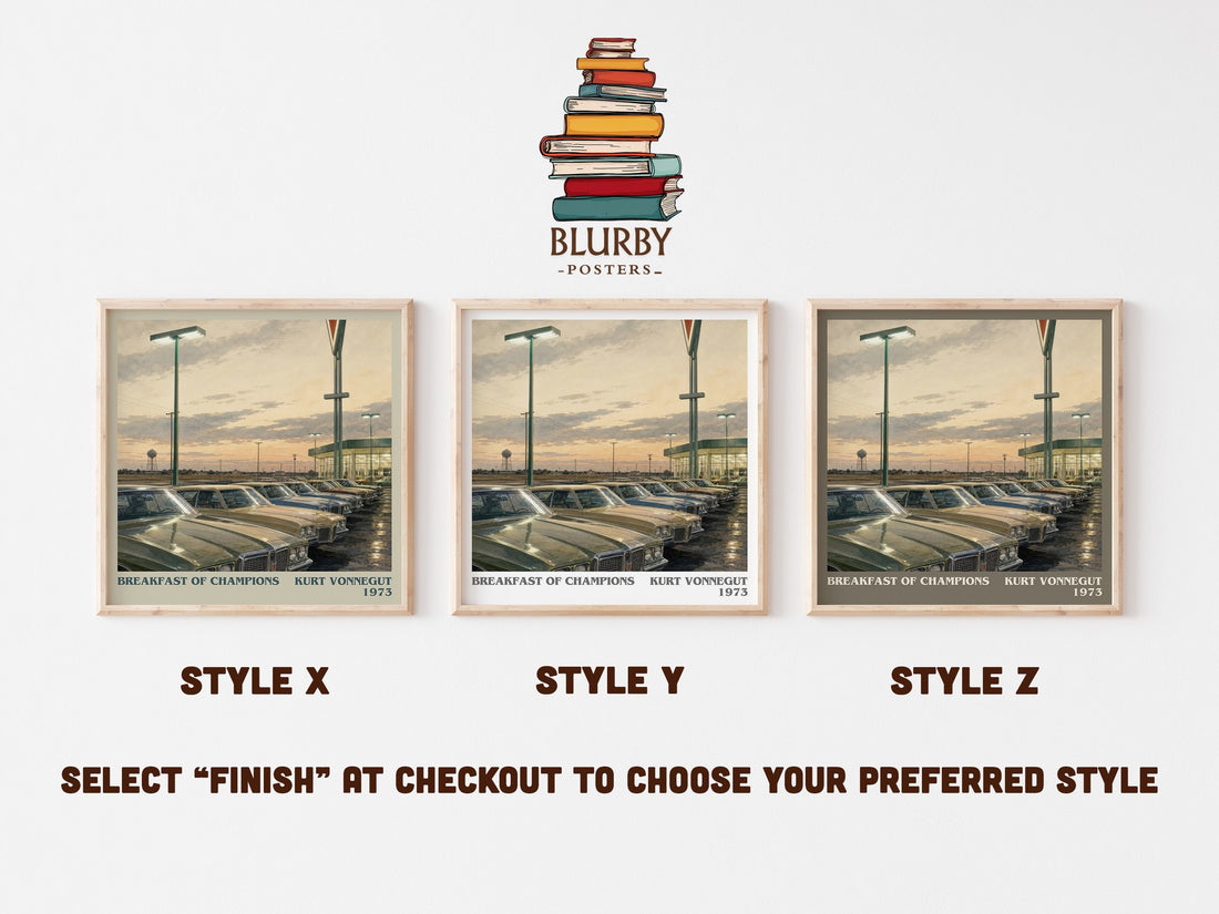 Breakfast of Champions literary print in frame leaning in hallway – satire wall art (mockup)